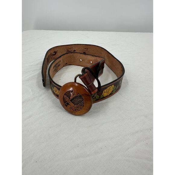 Vintage Hand Tooled Womens Belt Brown Yellow Roses Western Wooden Buckle Cowgirl - Picture 1 of 8